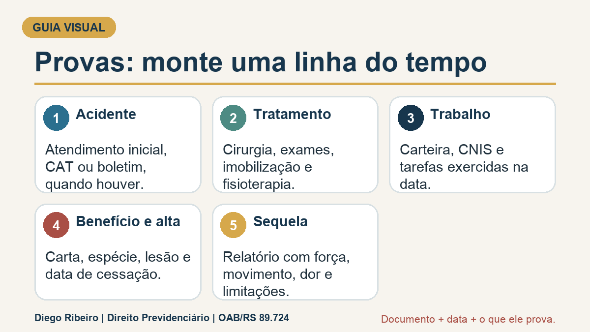 Infográfico com documentos do acidente, tratamento, trabalho, benefício e sequela.